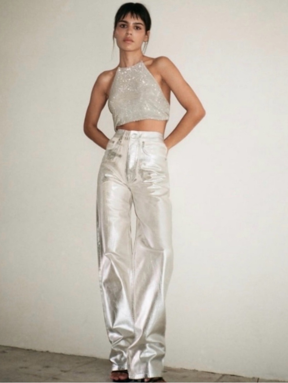 Zara Coated Silver Boyfriend Jeans Size FR44, US12
